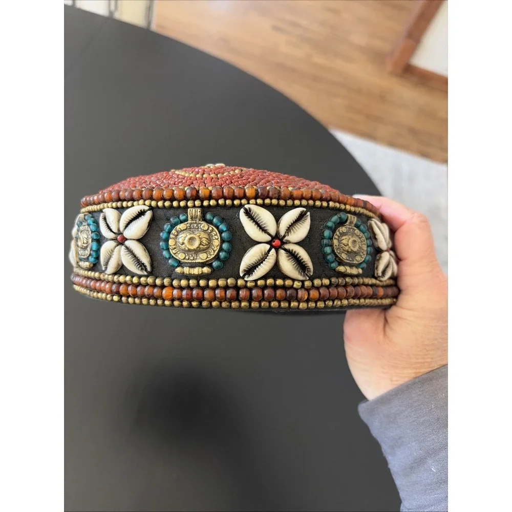 Tibetan‎ Beaded Hat Ceremonial Headdress Red Coral Turquoise Beaded